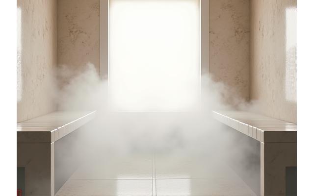 Vapor rising in a luxurious traditional steam room with tiled walls.