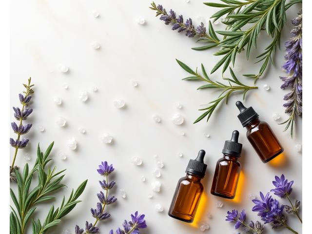 Variety of essential oil bottles and dried botanicals, symbolizing aromatherapy enhancement choices.