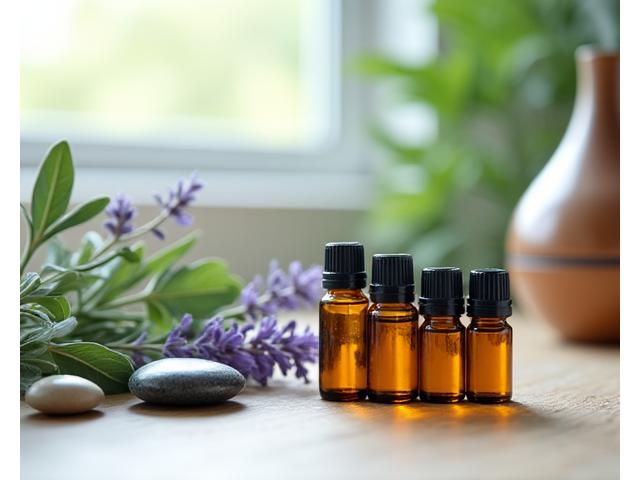 Aromatherapy diffusers and essential oil bottles beside a massage bed, representing a soothing aromatherapy massage.