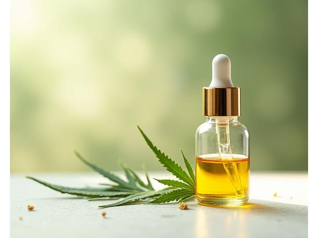 Small bottle of CBD oil with a dropper, alongside green hemp leaves, suggesting an enhanced massage.