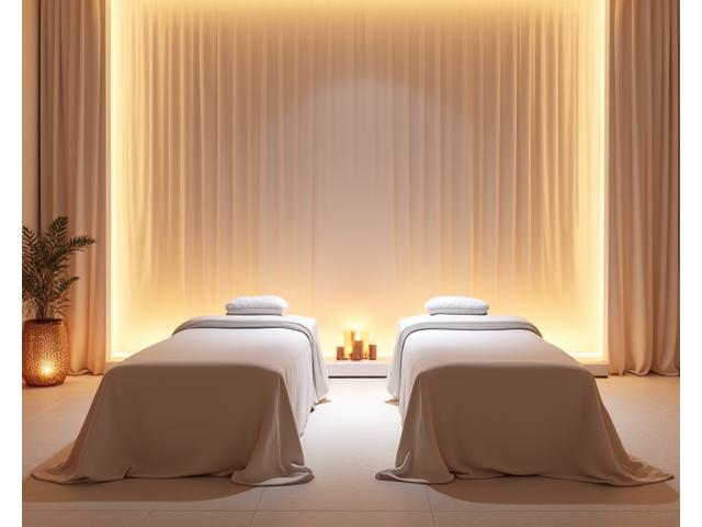 Two massage beds side-by-side in a luxuriously appointed treatment suite for a couples massage.