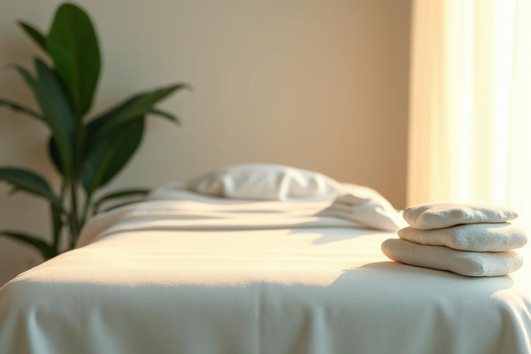 Serene massage room with a massage bed, soft lighting, and calming decor, ready for a therapeutic massage session.