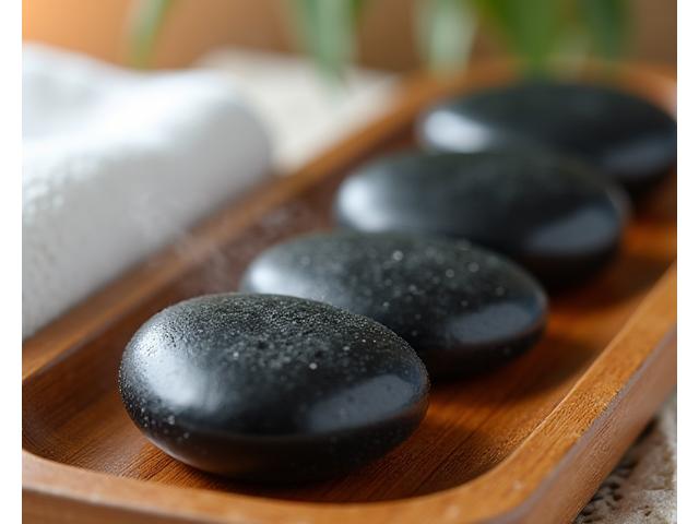 Heated stones on a bamboo tray, ready to be used as a hot stone add-on during a massage.