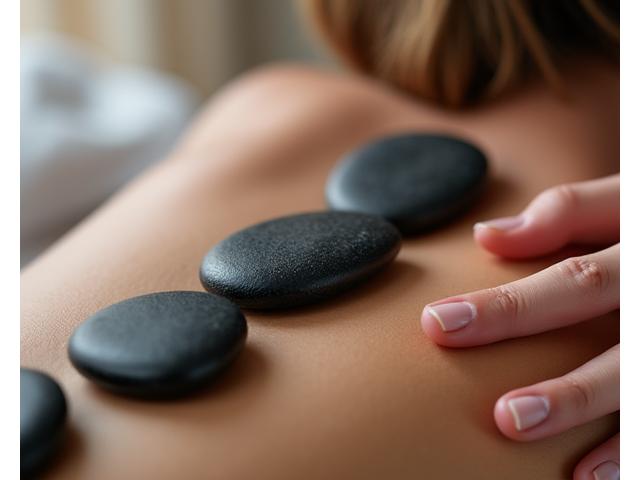 Smooth, heated basalt stones placed on a person's back during a hot stone massage session.
