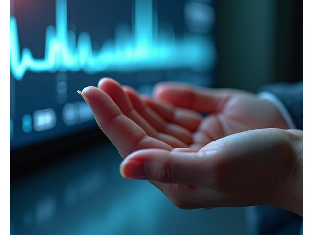 A close-up of biofeedback equipment connected to a serene hand, showing calm biometric data on a screen, surrounded by soft ambient light.