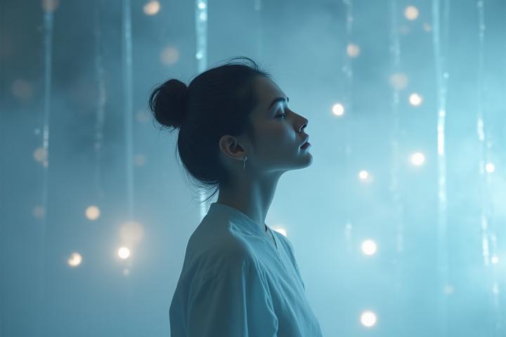 A serene individual experiencing an advanced sensory immersion, with subtle light patterns and gentle mist, evoking deep relaxation and transformation within a futuristic spa environment.