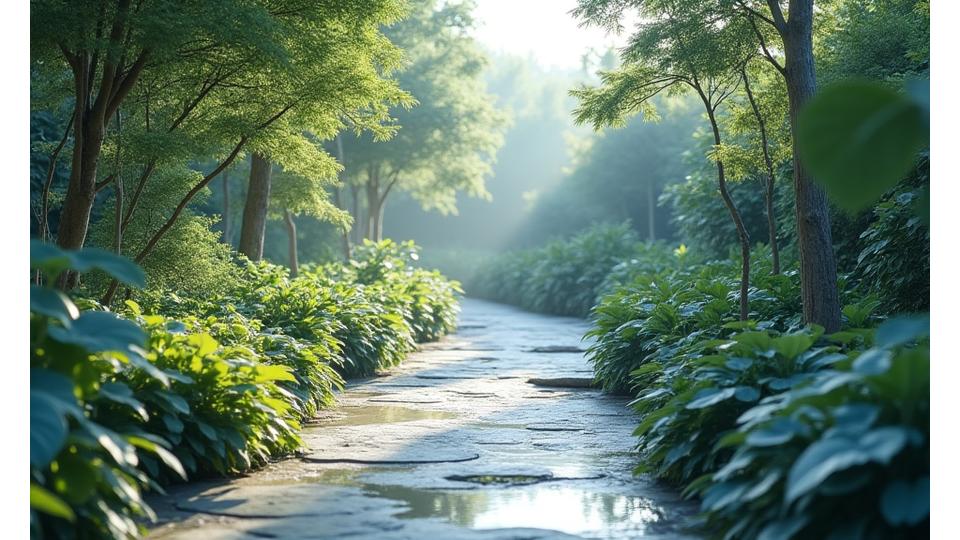 A tranquil pathway through a lush, gently lit garden, symbolizing a curated transformation journey with various wellness elements subtly integrated.