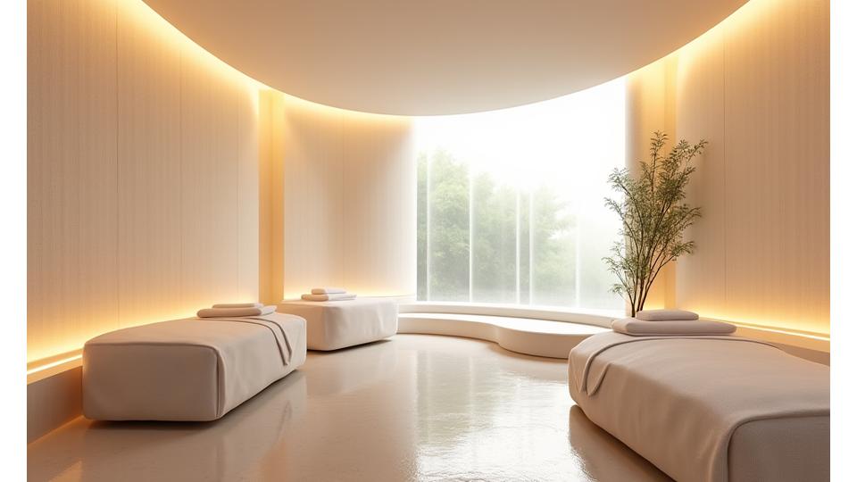 A tranquil, multisensory spa room with soft light, natural elements, and gentle mist, designed for deep relaxation and sensory healing.