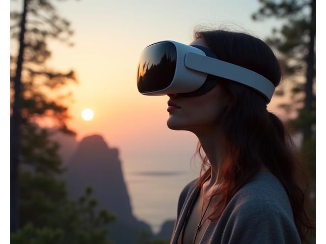 An individual wearing a sleek VR headset, immersed in a lush, virtual meditation landscape, showcasing advanced visualization technology.
